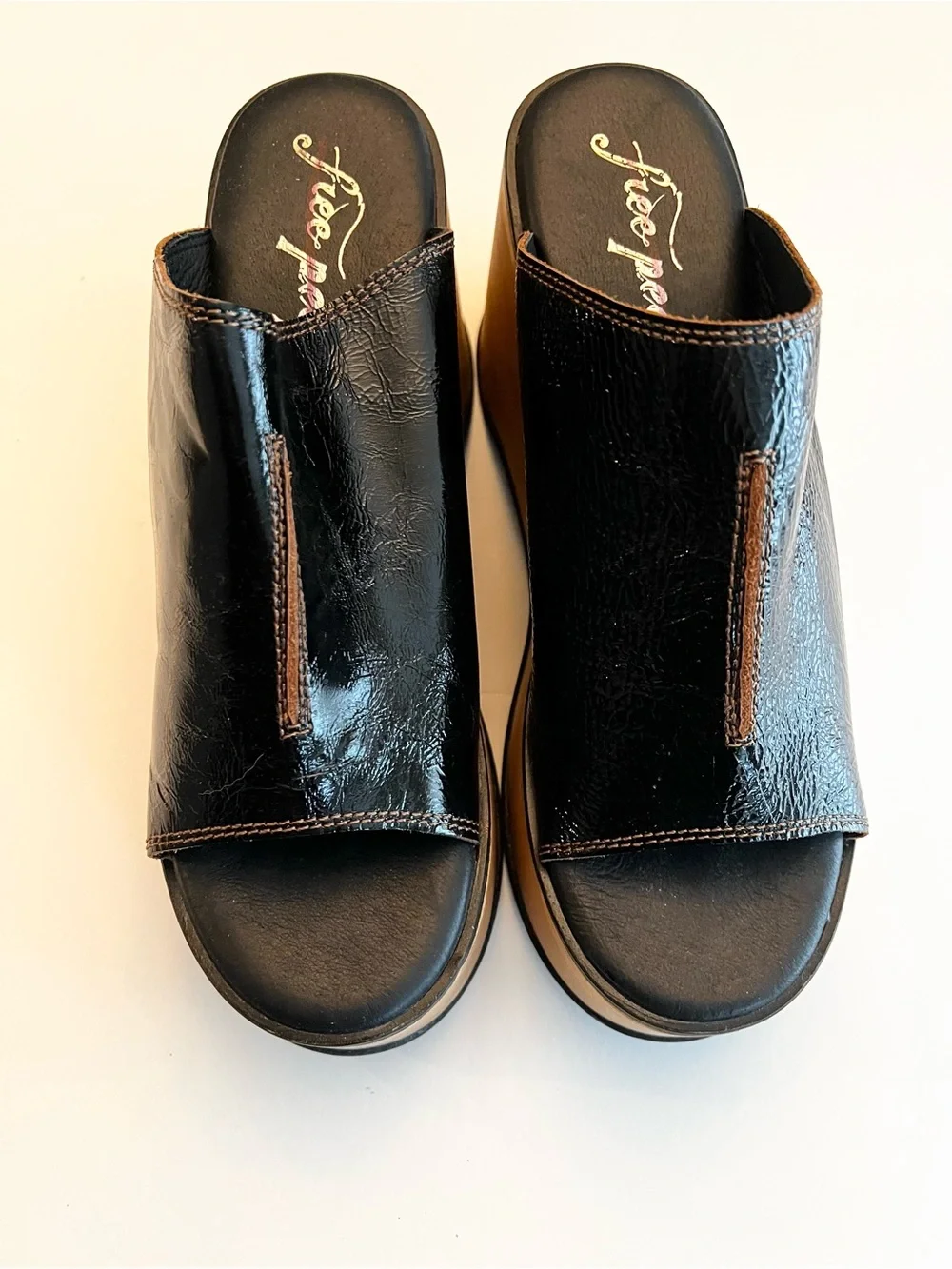 Free People Gabriela Black Glossy Open Toe Platform Slide Shoes